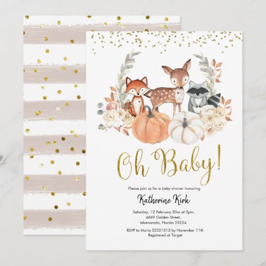 Invitation Oh Baby Fall Woodland Baby shower Citrouille (Devant / Derrière)