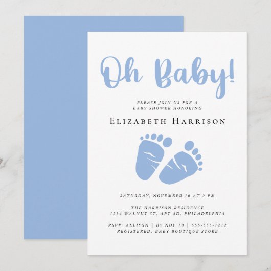 Invitation Oh Baby Feet Blue Baby Boy Douche (Devant / Derrière)