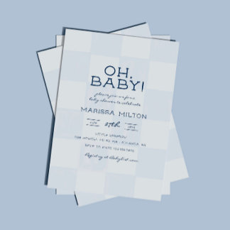 Invitation Oh Baby Fête Moderne Bleue à Carreaux pour Bébé