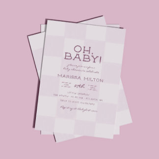 Invitation Oh Baby Fête Rose Moderne pour Bébé à Carreaux