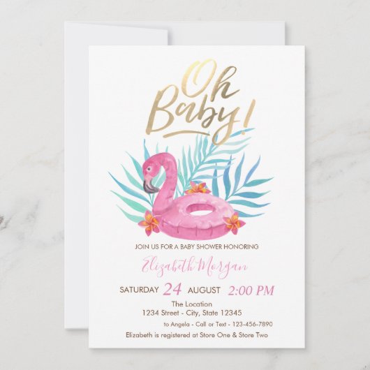 Invitation Oh Baby Flamant rose rose Palm Baby shower Feuille (Devant)