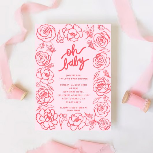 Invitation Oh Baby Fleurs modernes Blush Baby shower fille ro