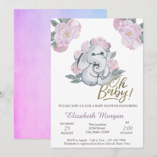 Invitation Oh Baby Floral Elephant Baby shower (Devant / Derrière)
