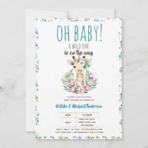 Invitation Oh Baby Giraffe A Wild One Safari Animal Floral