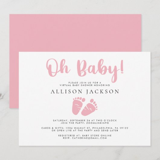 Invitation Oh Baby Girl Douche Virtuelle Rose Pieds bébé Simp (Devant / Derrière)