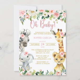 Invitation Oh Baby Girl Jungle Safari Animaux Baby shower
