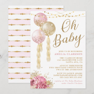 Invitation Oh Baby Gold & Baby shower Ballons Rose