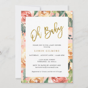 Invitation Oh Baby Gold Baby shower de motifs floraux