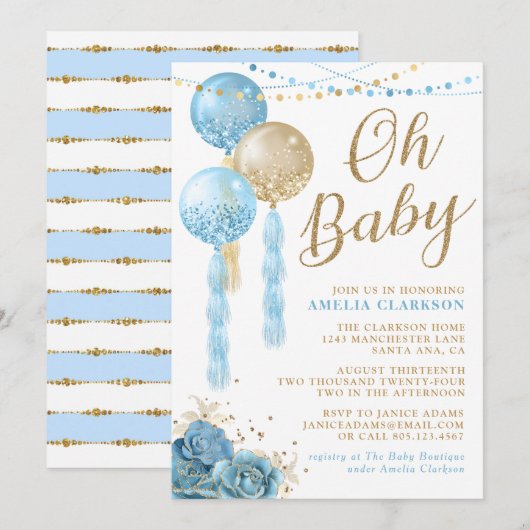 Invitation Oh Baby Gold & Blue Balloons Baby shower Invitatia (Devant / Derrière)