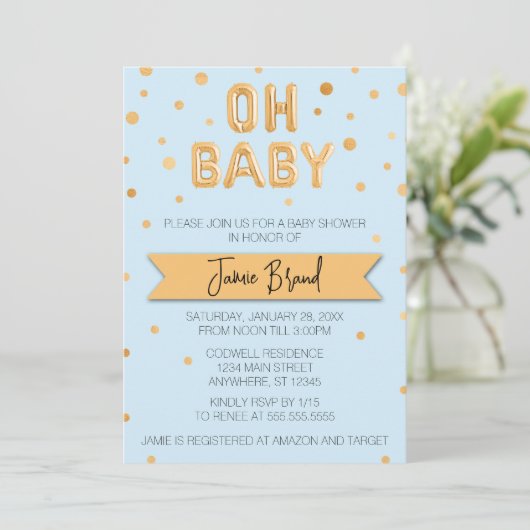 Invitation Oh Baby Gold Foil Baby shower de ballon (Debout devant)