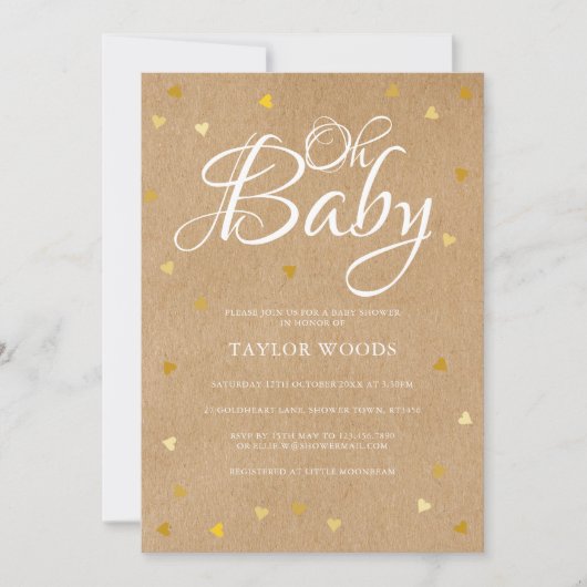 Invitation Oh Baby Gold Hearts Baby shower Rustic Kraft Boho (Devant)