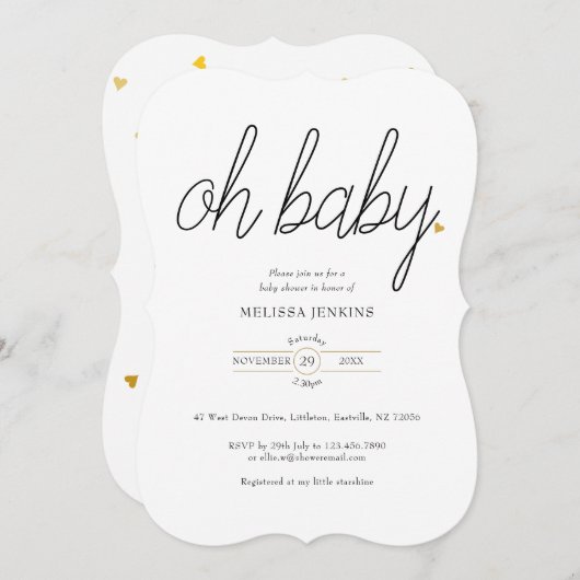 Invitation Oh Baby Gold Love Baby shower de coeur / Sprinkel (Devant / Derrière)