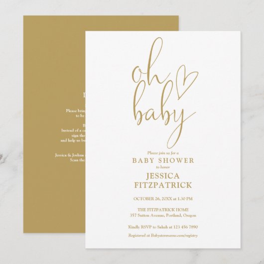 Invitation Oh Baby Gold Script tout en un Baby shower (Devant / Derrière)