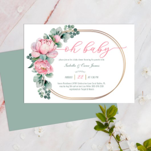 Invitation Oh Baby Green et rose Floral Girl Baby shower
