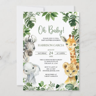 Invitation Oh Baby Green Jungle Safari Animaux Baby shower