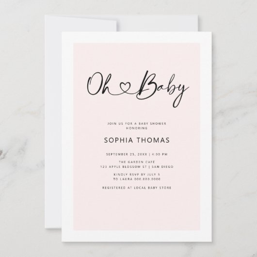 Invitation Oh Baby Heart Font Minimal Baby shower rose doux (Devant)