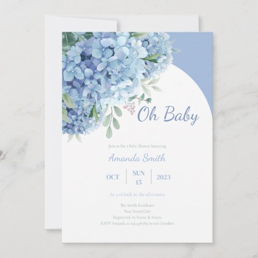Invitation Oh Baby Hydrangea Dusty Baby shower bleu (Devant)