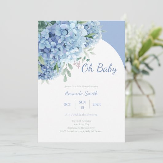 Invitation Oh Baby Hydrangea Dusty Baby shower bleu (Debout devant)