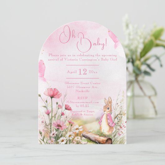Invitation Oh Baby lapin lapin Baby shower d'aquarelle rose (Debout devant)