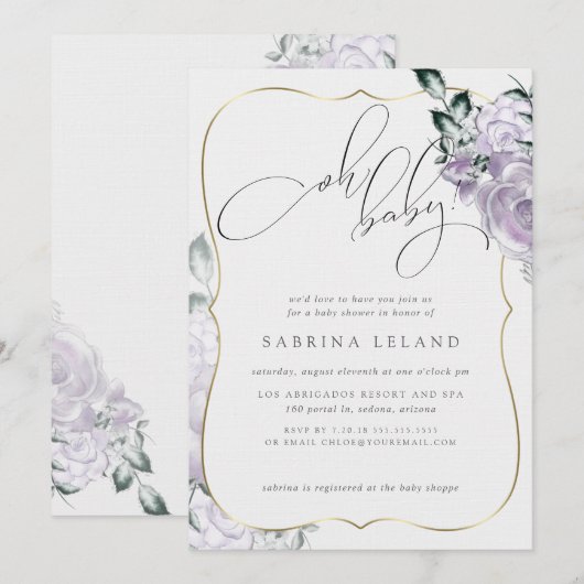 Invitation Oh Baby Lavender Floral Rose Baby shower chic (Devant / Derrière)