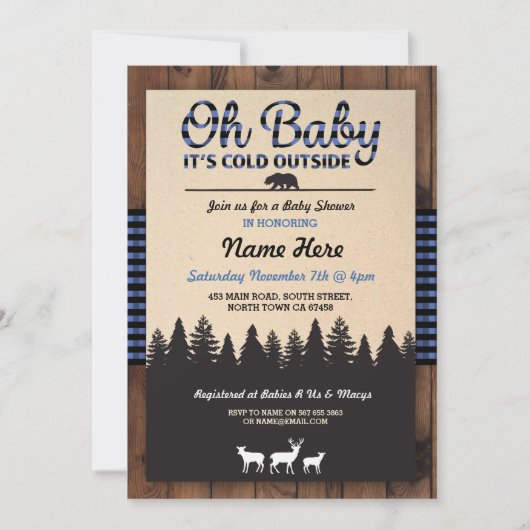 Invitation Oh Baby Lumberjack Baby shower bleu garçon Invitat (Devant)