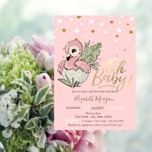 Invitation Oh Baby mignon bébé rose Flamant rose étoiles Baby