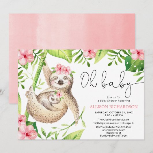 Invitation Oh Baby mignon paresse tropicale rose fille baby s (Devant / Derrière)