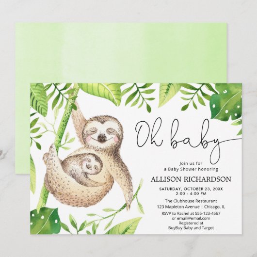 Invitation Oh Baby mignon paresseux baby shower de verdure tr (Devant / Derrière)