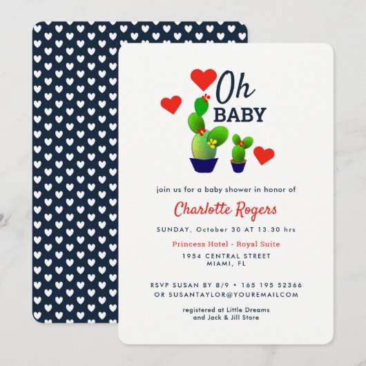 Invitation Oh Baby mignonne Succulent Cactus Baby shower Plan (Devant / Derrière)