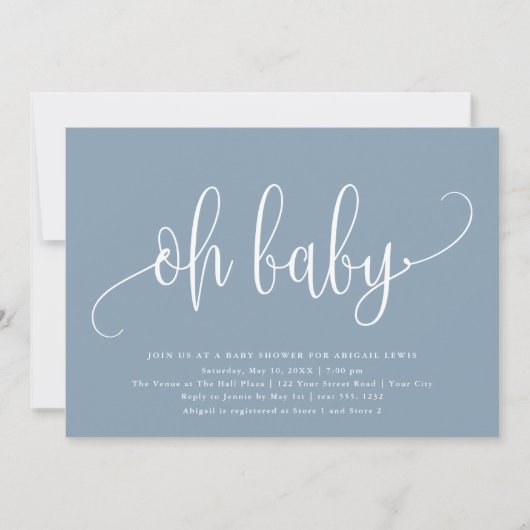 Invitation Oh Baby Moderne Calligraphie Baby shower bleu Dust (Devant)