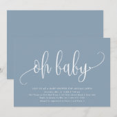 Invitation Oh Baby Moderne Calligraphie Baby shower bleu Dust (Devant / Derrière)