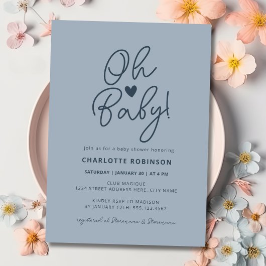 Invitation Oh Baby Moderne Simple Dusty Blue Baby shower garç