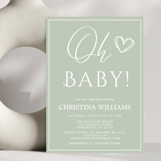 Invitation Oh Baby Moderne Simple Sage Baby shower Vert