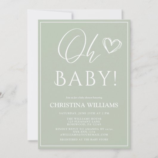 Invitation Oh Baby Moderne Simple Sage Baby shower Vert (Devant)