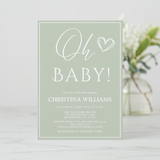 Invitation Oh Baby Moderne Simple Sage Baby shower Vert (Debout devant)