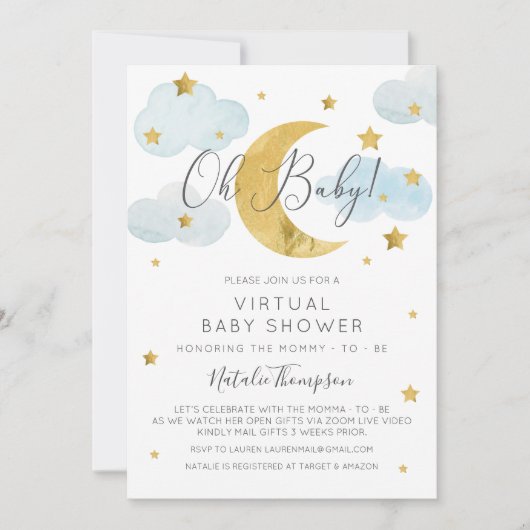 Invitation Oh Baby Moon & Stars theme Virtual Baby Shower (Devant)