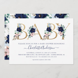 Invitation Oh Baby Navy Baby shower floral bleu et bleu