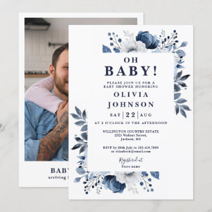 Invitation Oh Baby Navy Blue Floral Baby shower photo