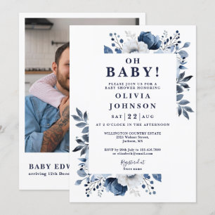 Invitation Oh Baby Navy Blue Floral Photo QR Baby shower