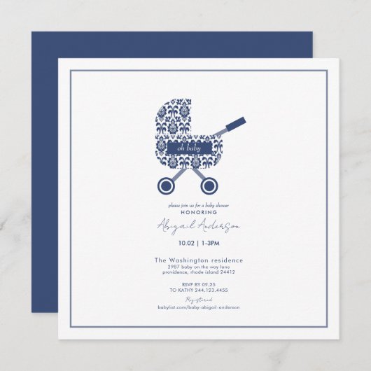 Invitation Oh Baby Navy Damask Pram Baby shower Carré (Devant / Derrière)