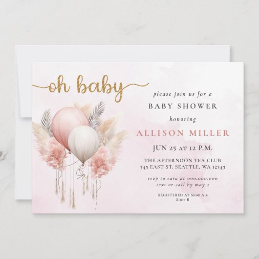 Invitation Oh Baby Pampas Rose or Boho Baby shower fille (Devant)