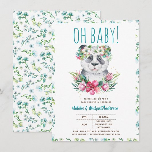 Invitation Oh Baby Panda Ours Aquarelle Floral Boho Douche (Devant / Derrière)