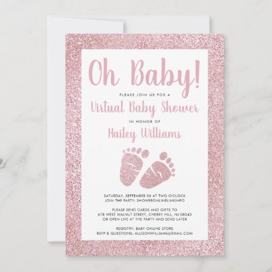 Invitation Oh Baby Parties scintillant rose Pieds bébé Baby s (Devant)