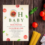 Invitation Oh Baby Pasta   Pacificateurs Baby shower Invitati<br><div class="desc">Pizza & Pacifiers baby shower thème de fête de pâtes avec Illustration d'une assiette de spaghettis surmonté d'une sauce rouge incorporée dans le design "oh bébé" avec des illustrations de tomate,  basilic,  et de pacifier tout autour.</div>