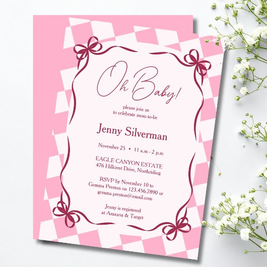 Invitation Oh Baby Pink Gingham Bows Baby Shower