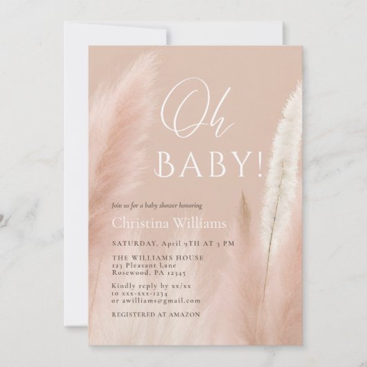 Invitation Oh Baby Pink Script Baby shower Pampas (Devant)