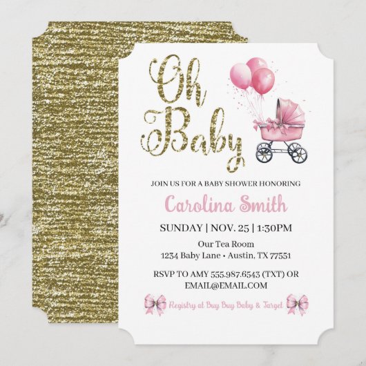 Invitation Oh Baby Pink Stroller Gold Parties scintillant Bab (Devant / Derrière)