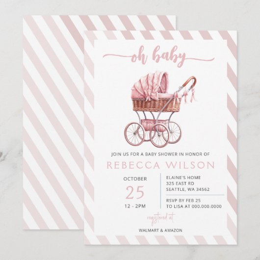 Invitation Oh Baby Pink Stroller Pram Girl Baby shower (Devant / Derrière)