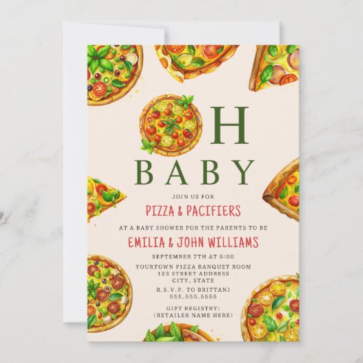 Invitation Oh Baby Pizza Tomates Olivia Baby shower vert (Devant)