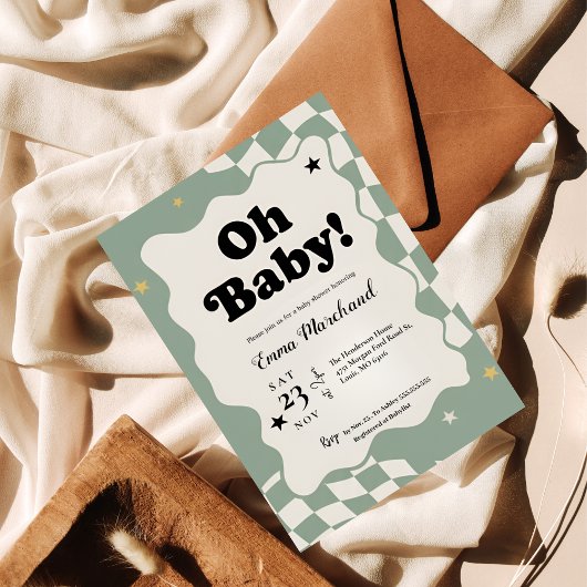 Invitation Oh Baby! Retro Checkered Sage Green Baby Shower 